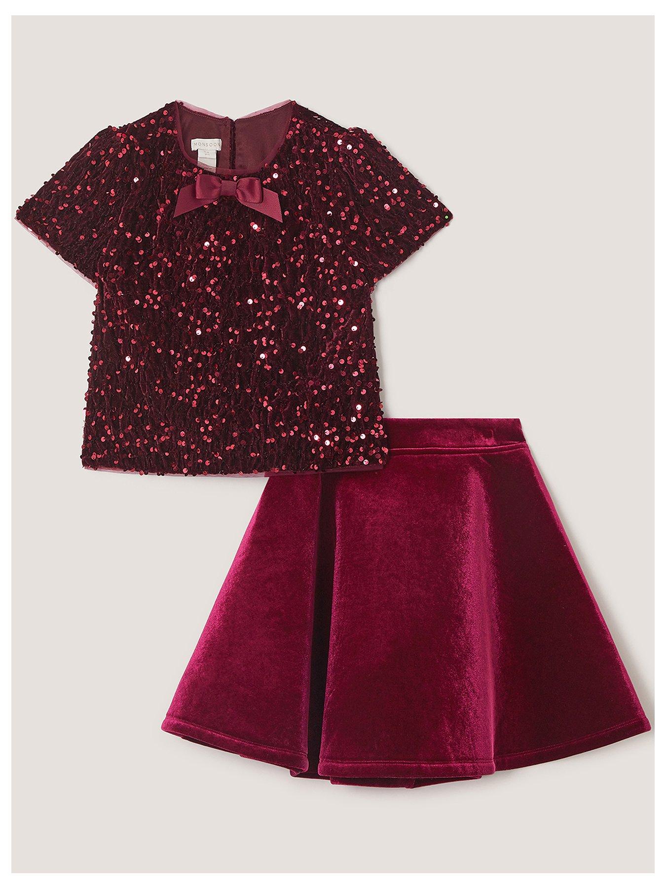 Image 2 of 4 of Monsoon Girls Heidi Velvet Sequin Bow Set - Dark Red