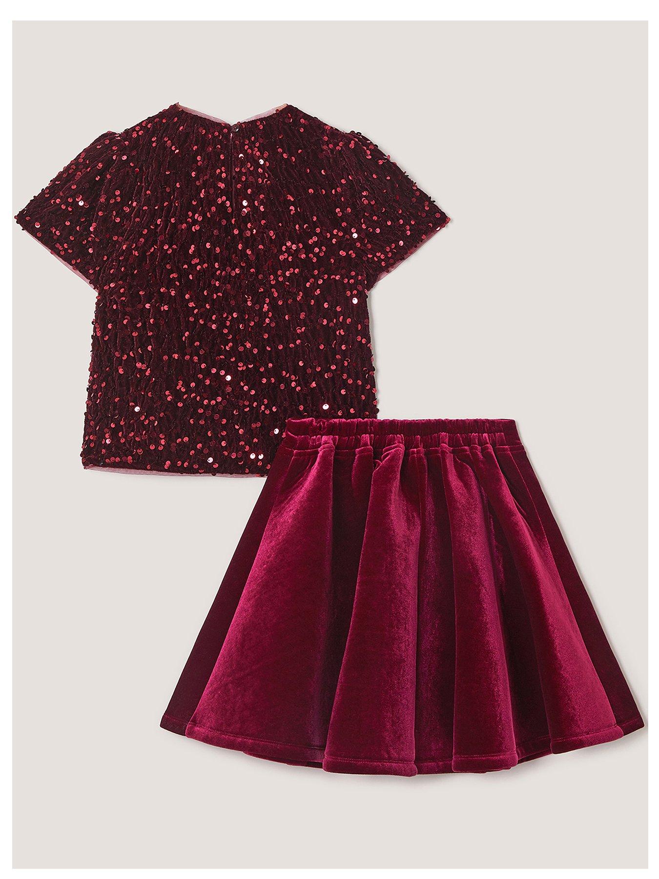 Image 3 of 4 of Monsoon Girls Heidi Velvet Sequin Bow Set - Dark Red