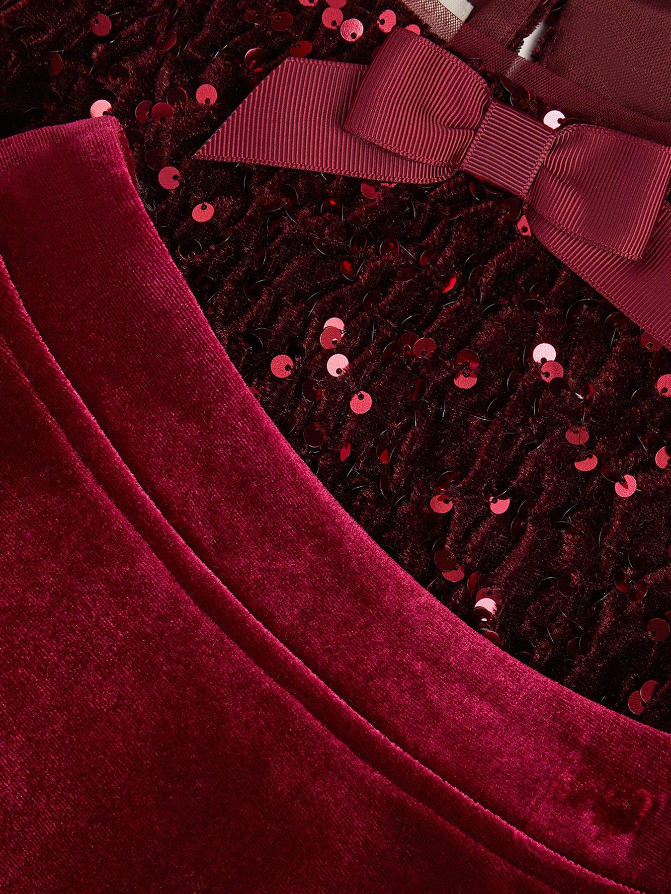 Image 4 of 4 of Monsoon Girls Heidi Velvet Sequin Bow Set - Dark Red
