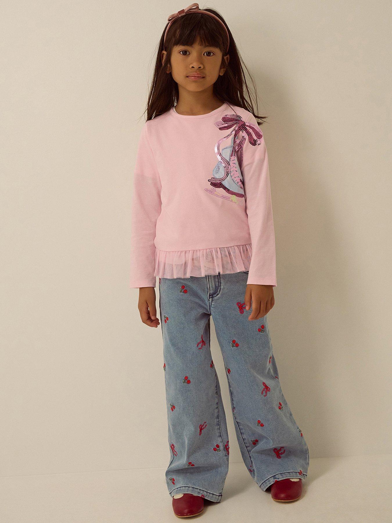 Image 1 of 4 of Monsoon Girls Sequin Skate Frill Hem Long Sleeve T-Shirt - Pink