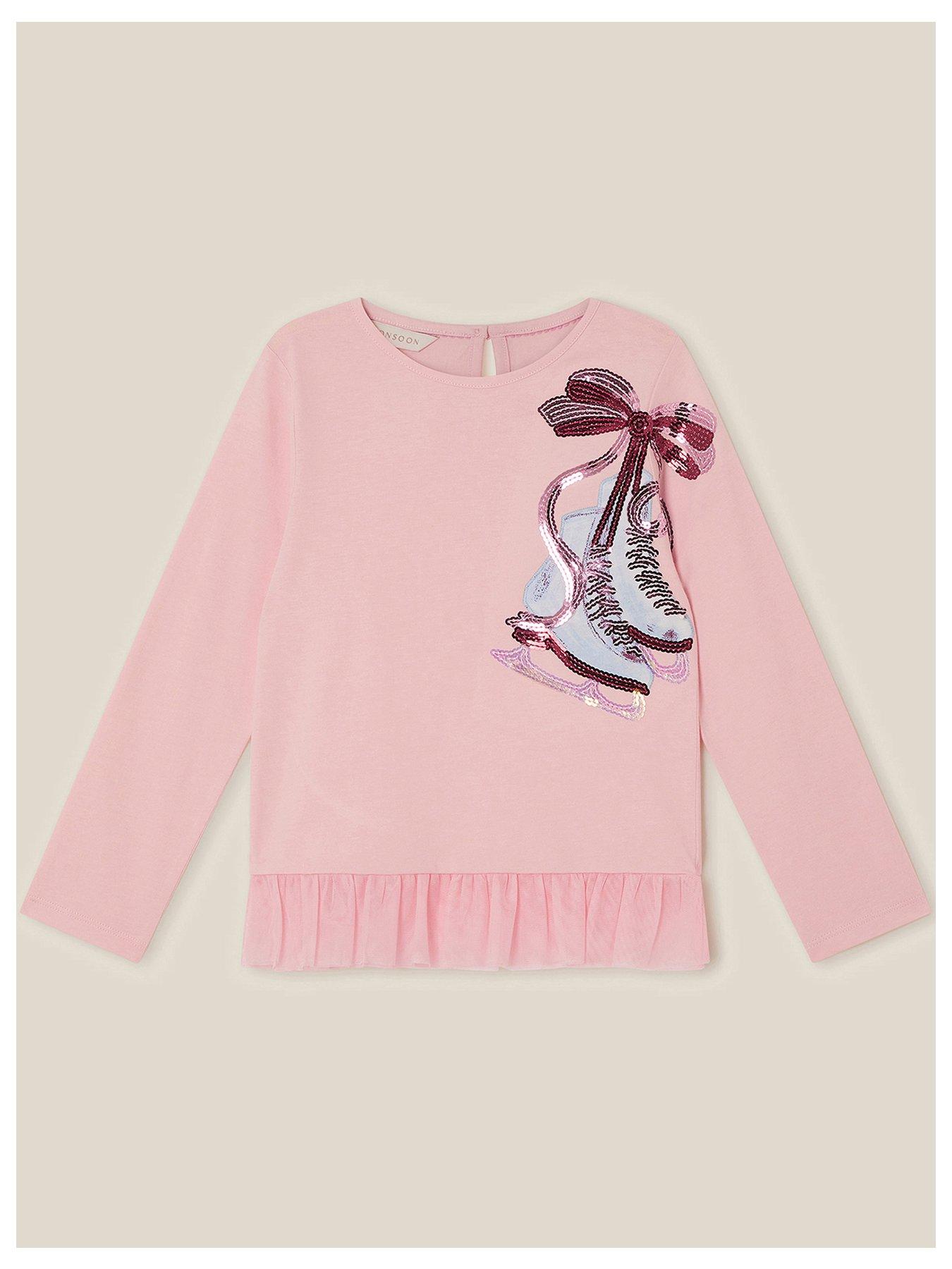 Image 2 of 4 of Monsoon Girls Sequin Skate Frill Hem Long Sleeve T-Shirt - Pink