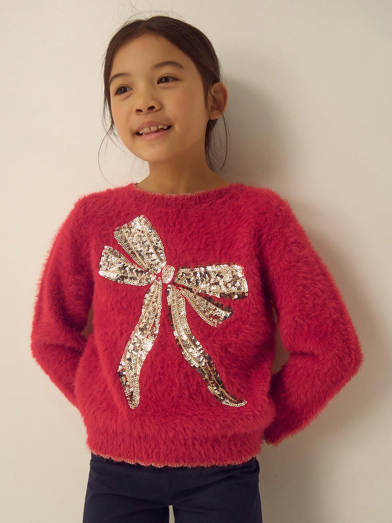 Image 1 of 4 of Monsoon Girls Sequin Eyelash Knitted Jumper - Red