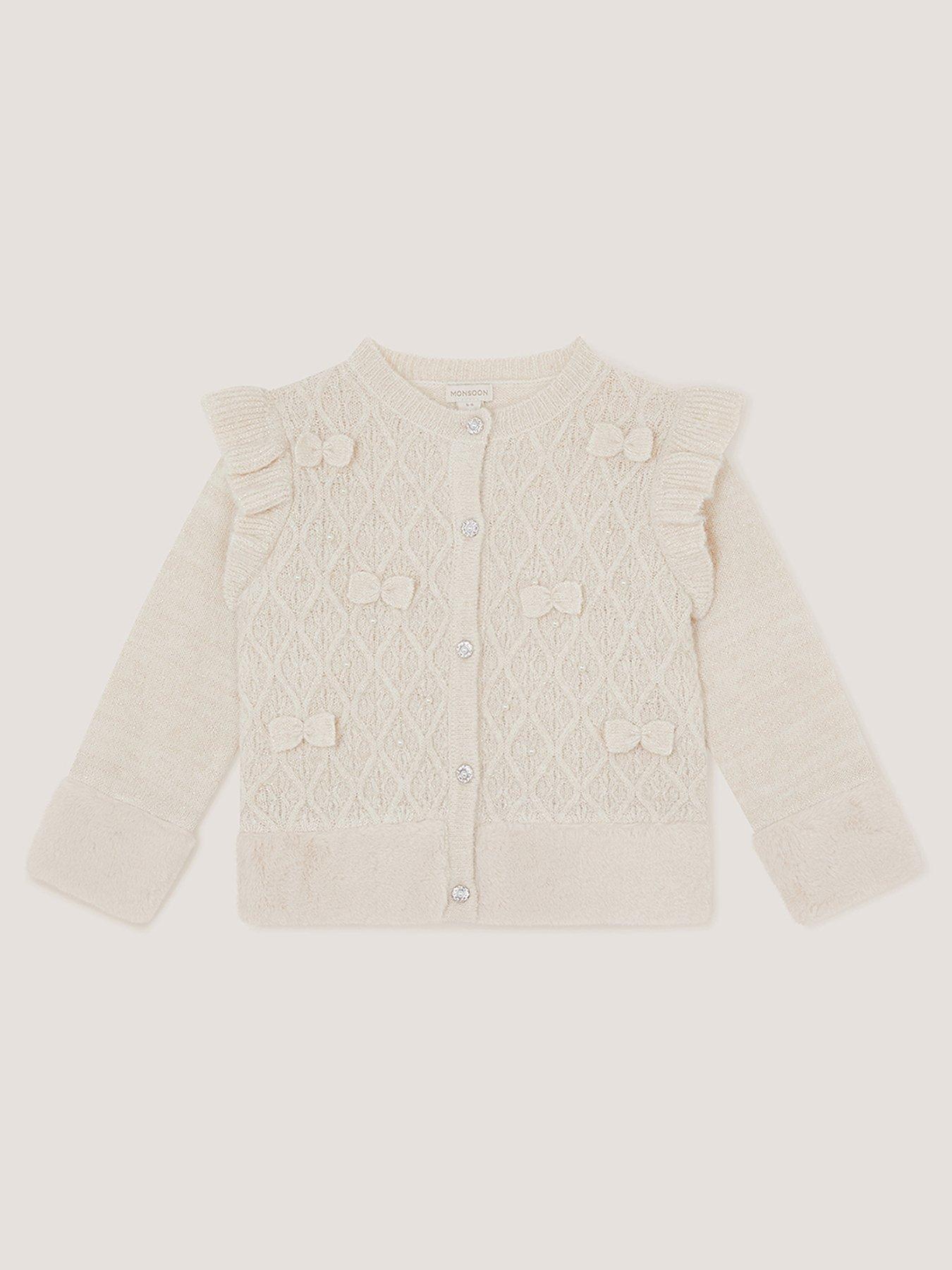 Image 2 of 4 of Monsoon Girls 3D Bow Faux Fur Trim Button Through Cardigan - Light Cream