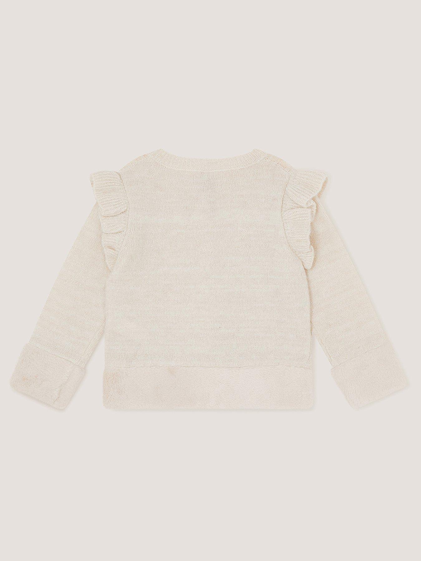 Image 3 of 4 of Monsoon Girls 3D Bow Faux Fur Trim Button Through Cardigan - Light Cream