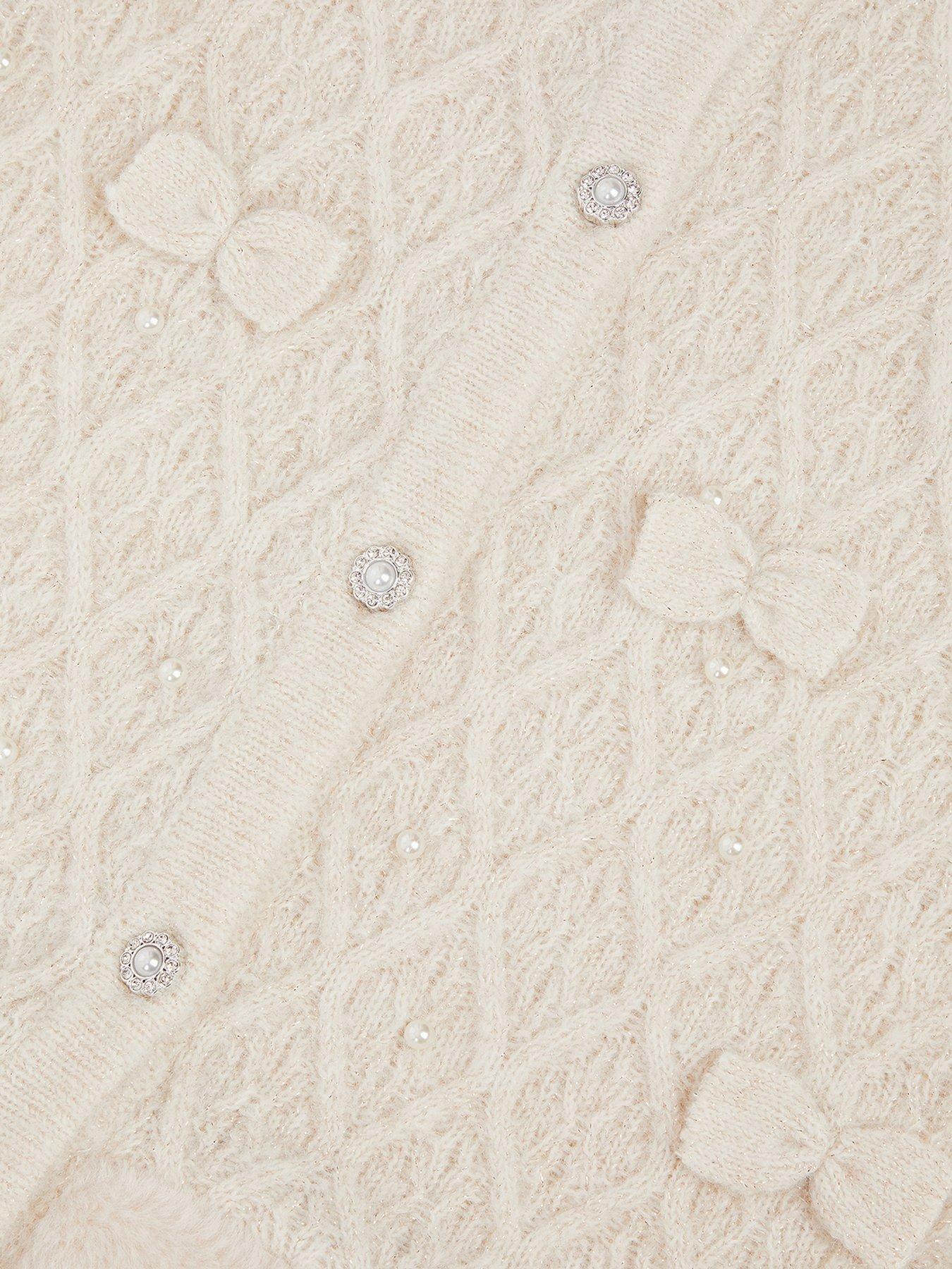 Image 4 of 4 of Monsoon Girls 3D Bow Faux Fur Trim Button Through Cardigan - Light Cream