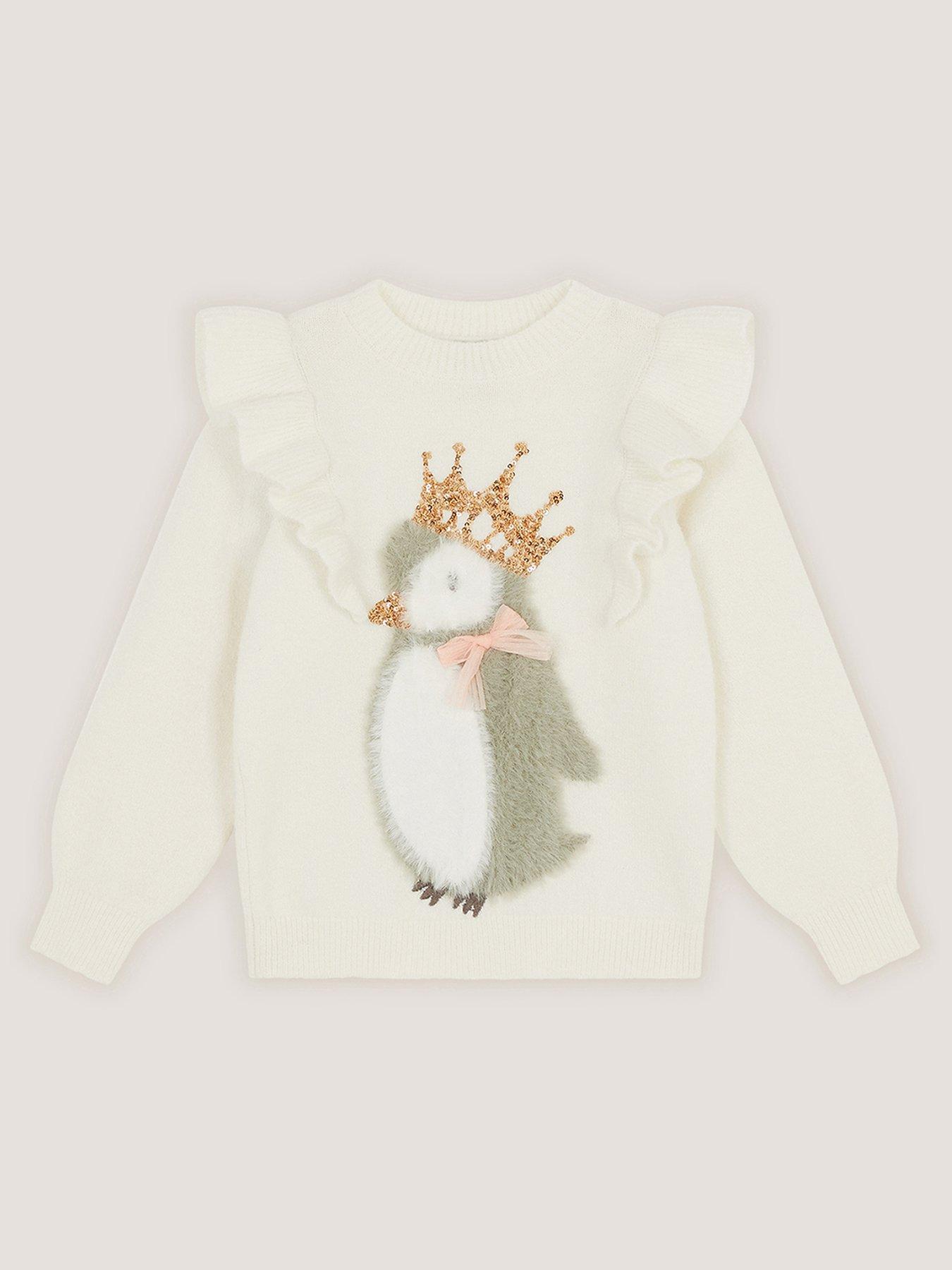Image 2 of 4 of Monsoon Girls Knitted Penguin Jumper - Light Cream