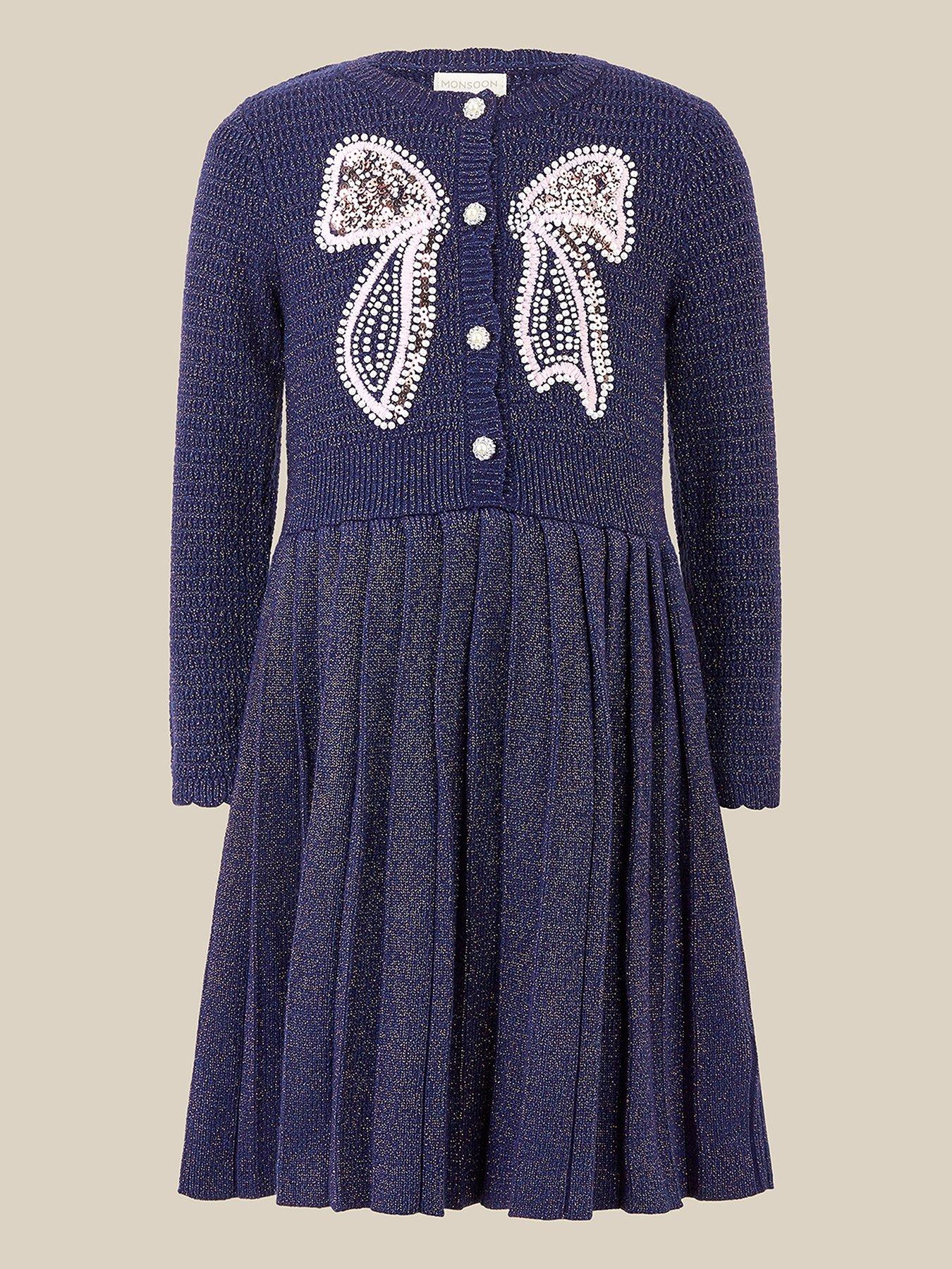Image 1 of 3 of Monsoon Girls Lurex Bow Button-Through Knitted Dress - Navy
