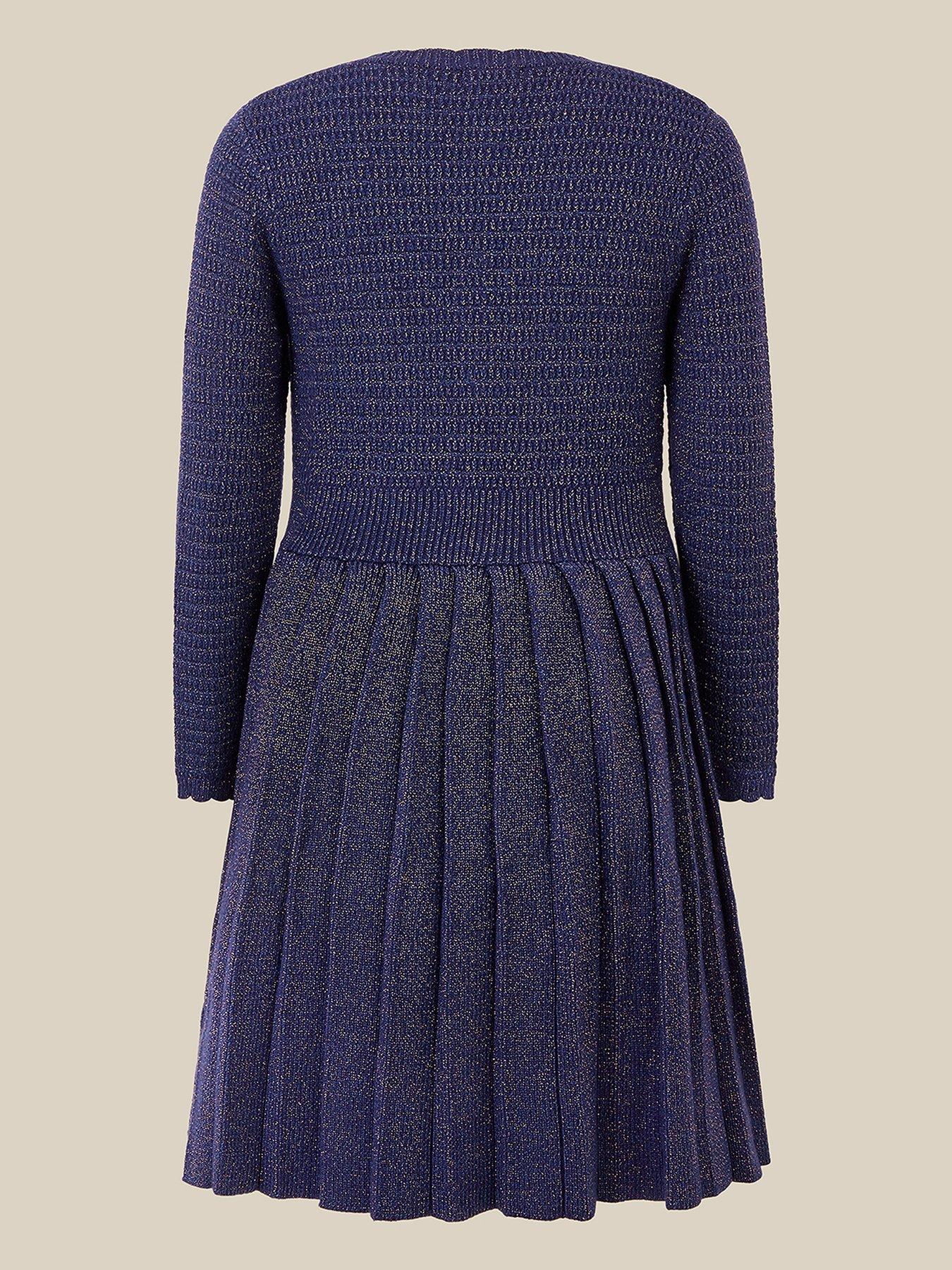 Image 2 of 3 of Monsoon Girls Lurex Bow Button-Through Knitted Dress - Navy