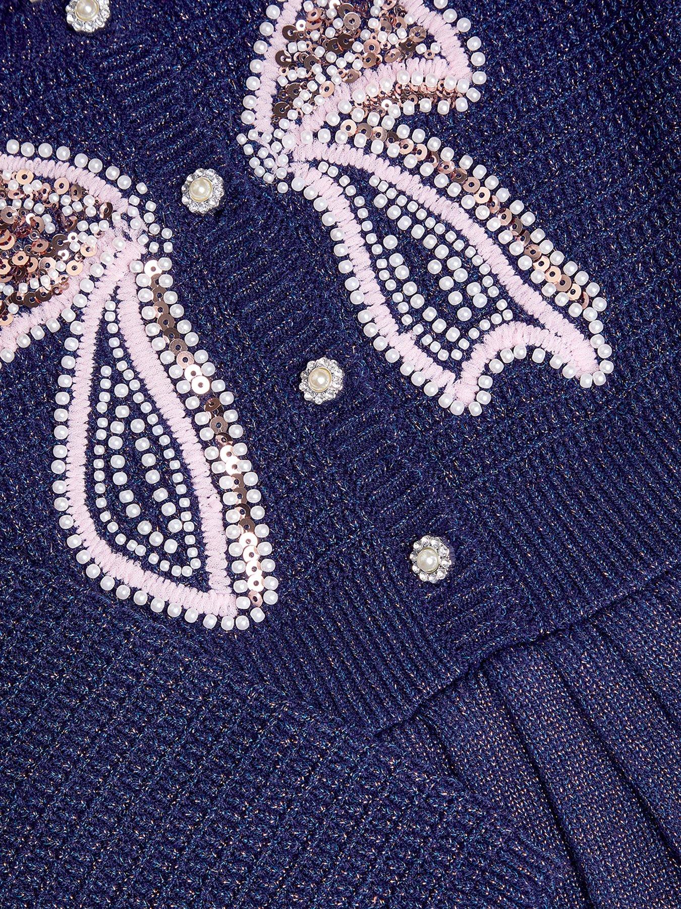 Image 3 of 3 of Monsoon Girls Lurex Bow Button-Through Knitted Dress - Navy