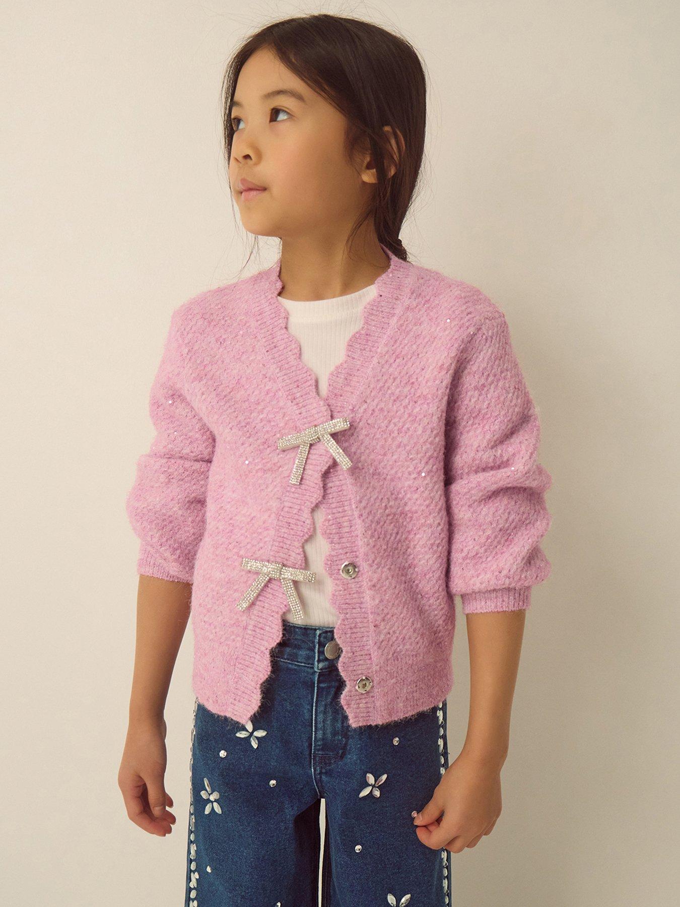 Image 1 of 4 of Monsoon Girls Sparkle Bow Trim Cardigan - Light Purple