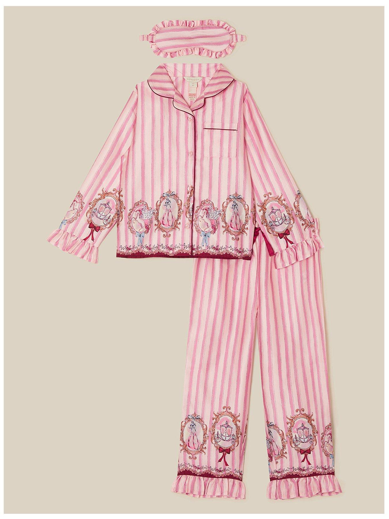 Image 1 of 3 of Monsoon Girls Satin-Look Button Front Long Sleeve Pyjamas - Pink