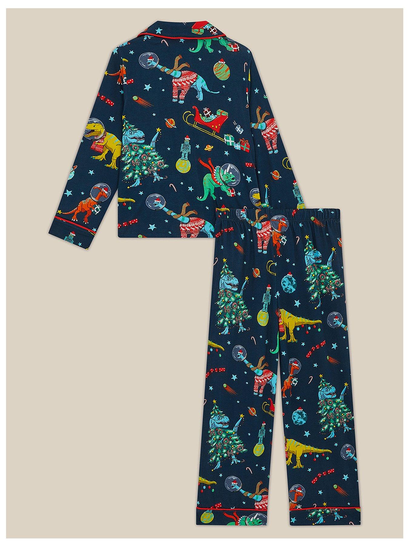 Image 2 of 4 of Monsoon Boys Jersey Christmas Dino Pyjamas - Navy