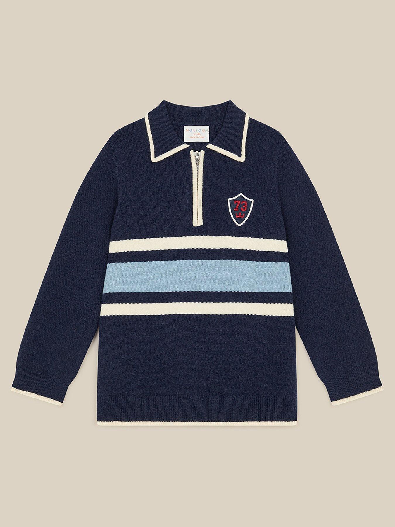Image 1 of 3 of Monsoon Boys Collared Half Zip Striped Jumper - Navy