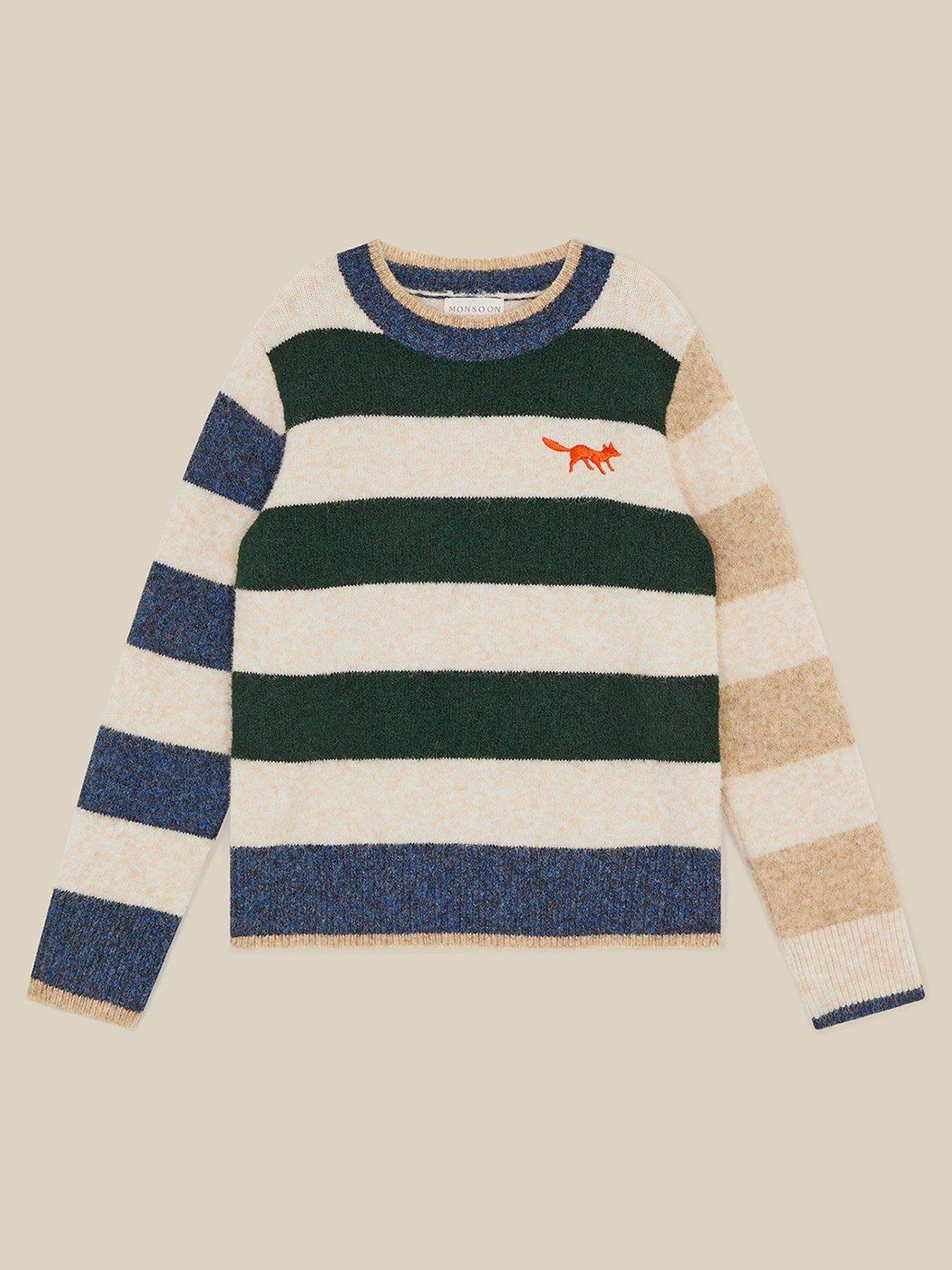 Image 2 of 5 of Monsoon Boys Colourblock Stripe Fox Motif Knit Jumper - Cream