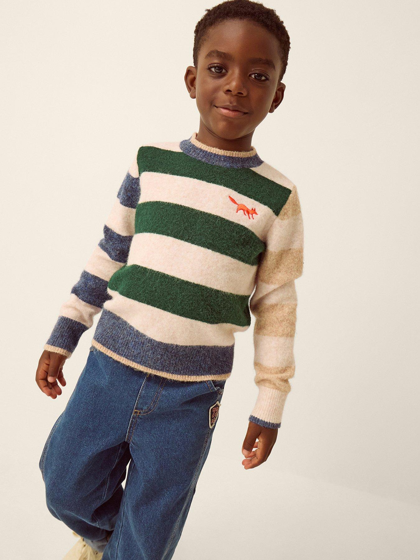 Image 5 of 5 of Monsoon Boys Colourblock Stripe Fox Motif Knit Jumper - Cream