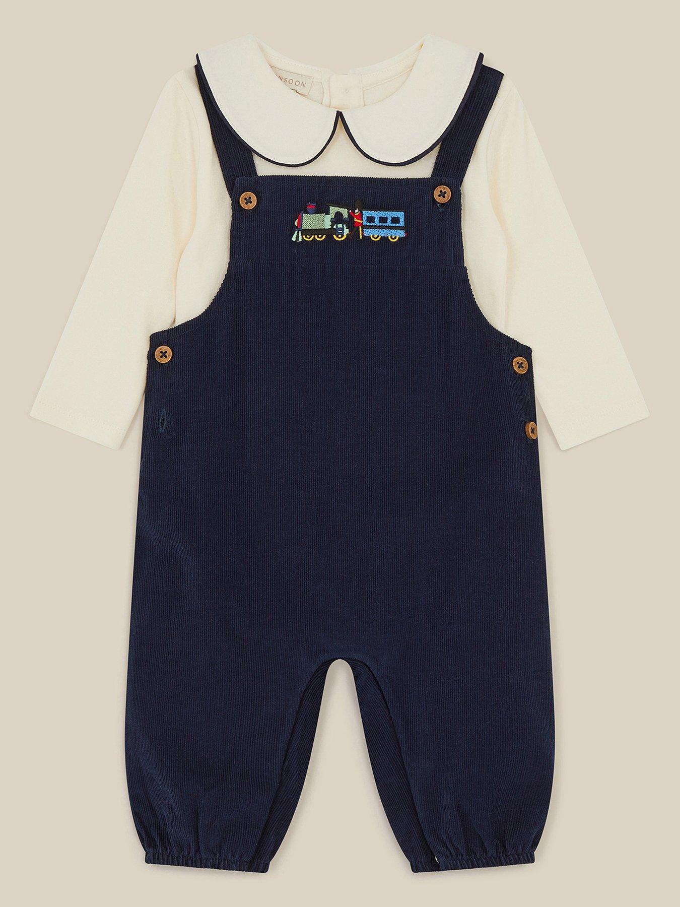 Image 1 of 3 of Monsoon Boys Button Strap Embroidered Cord Dungarees - Navy