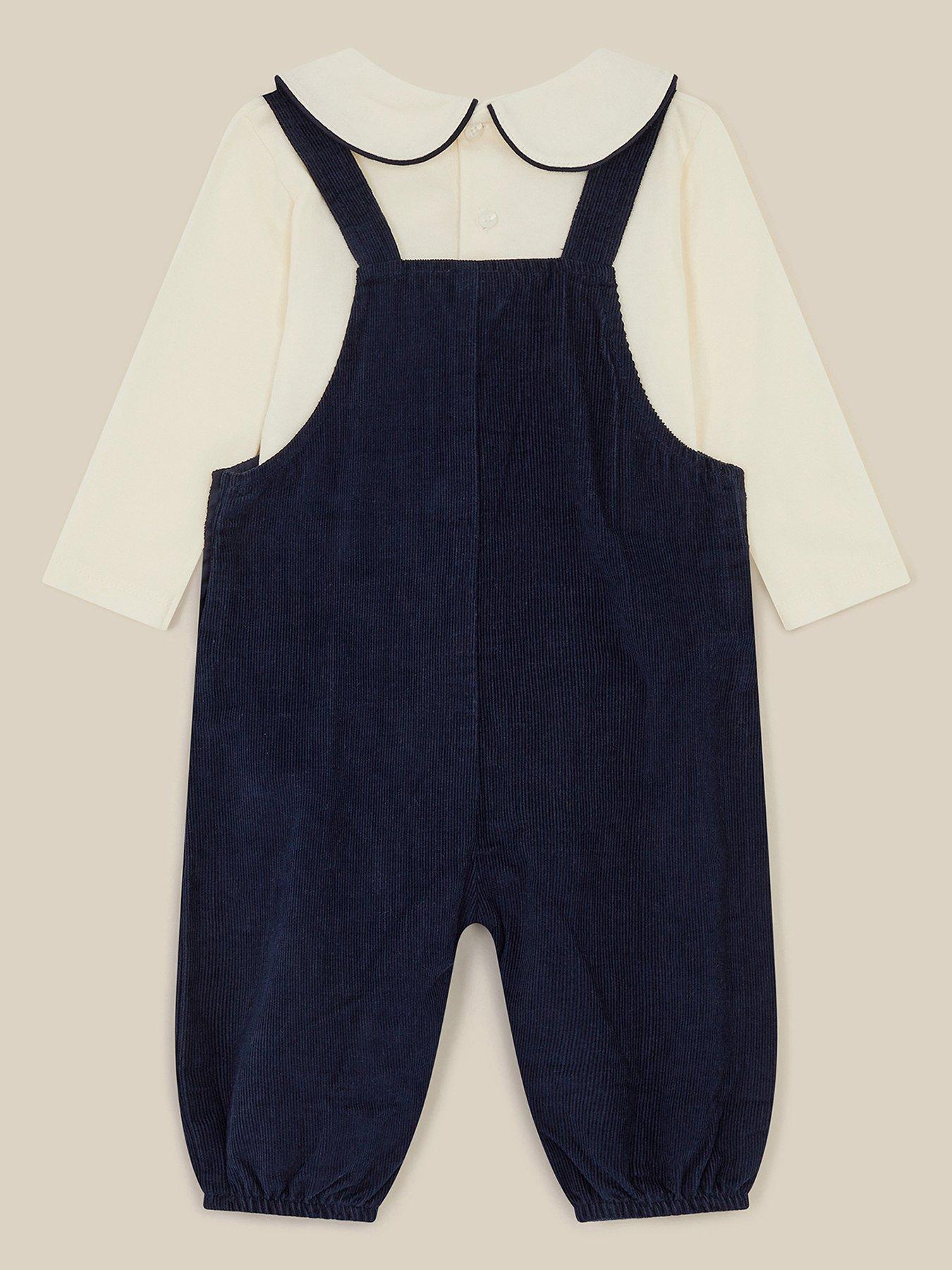 Image 2 of 3 of Monsoon Boys Button Strap Embroidered Cord Dungarees - Navy