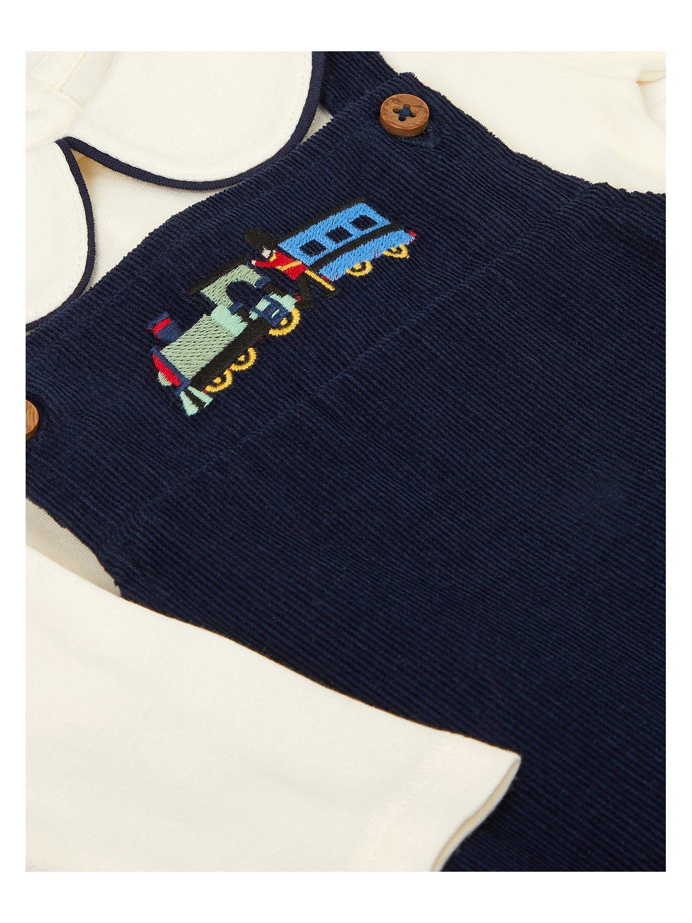 Image 3 of 3 of Monsoon Boys Button Strap Embroidered Cord Dungarees - Navy