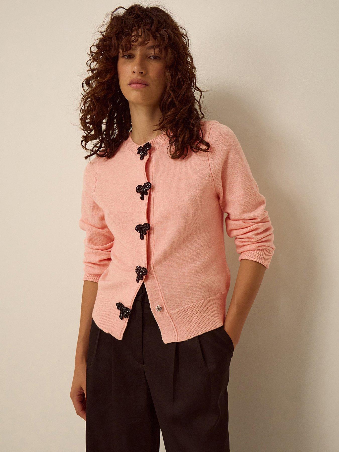 Image 1 of 5 of Monsoon Womens Bonny Bow Beaded Button Cardigan - Pink