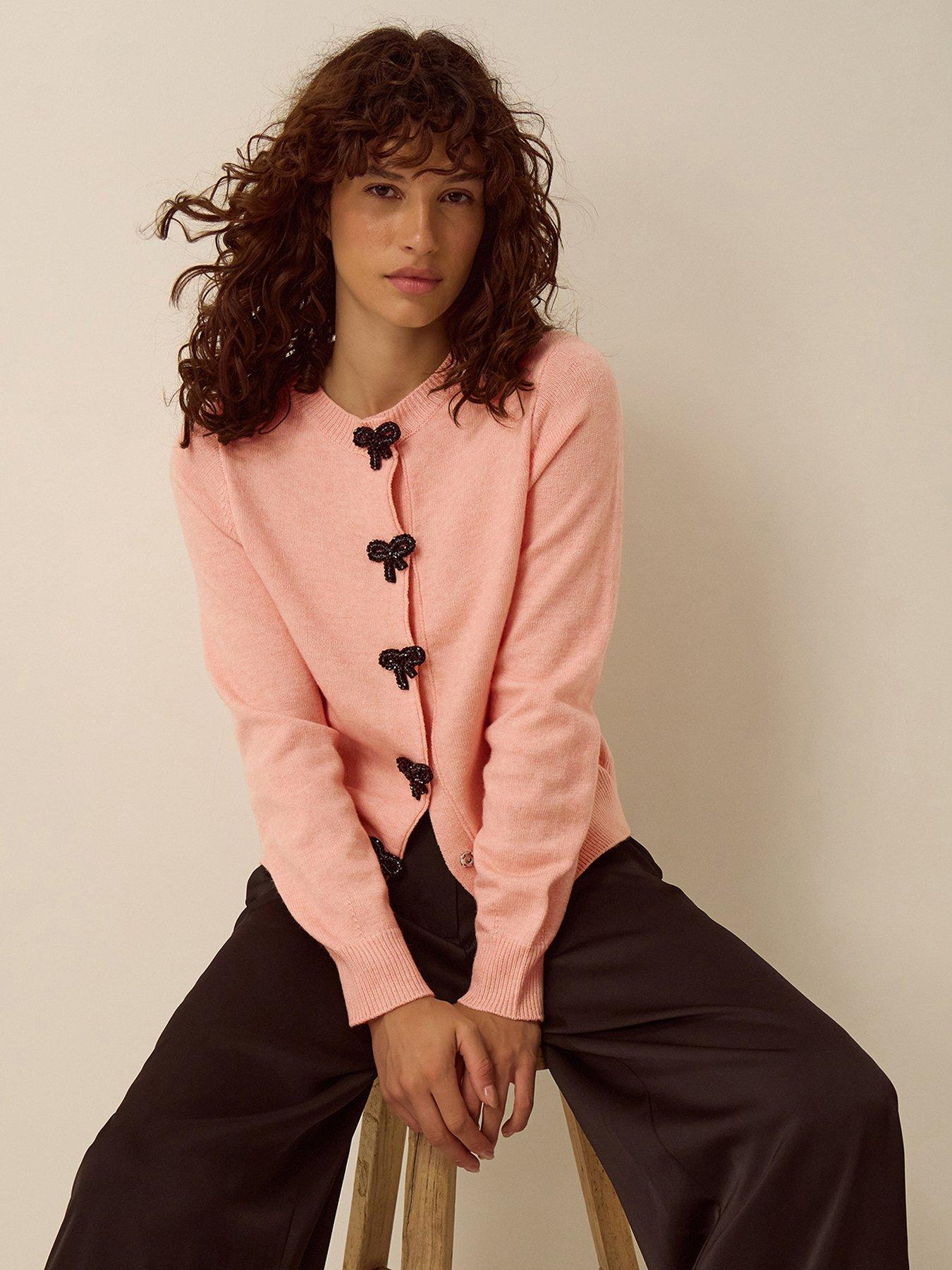 Image 4 of 5 of Monsoon Womens Bonny Bow Beaded Button Cardigan - Pink