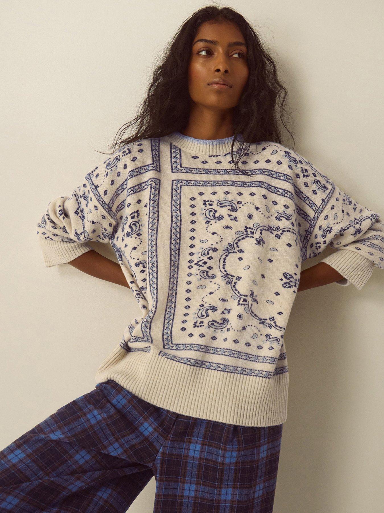 Image 1 of 4 of Monsoon Womens Gigi Paisley Dropped Shoulder Ribbed Hem Jumper - Cream