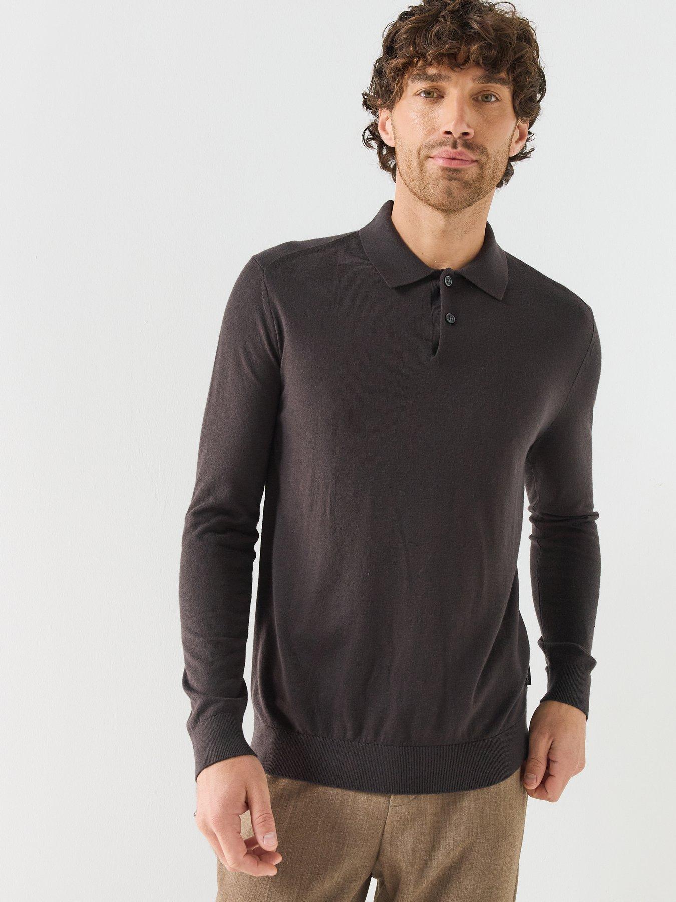 Image 1 of 6 of Armani Exchange Armani Exchange Knitted Long Sleeve Polo Shirt - Black