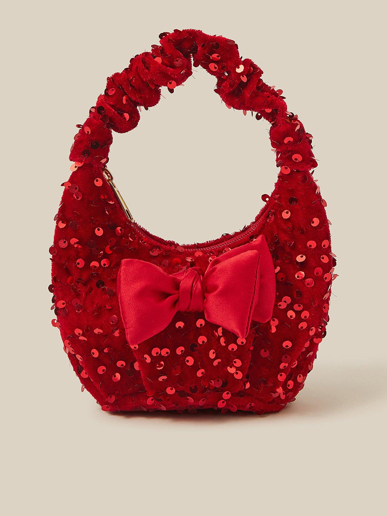 Image 1 of 4 of Monsoon Girls Sequin Velvet Bow Slouch Bag - Red
