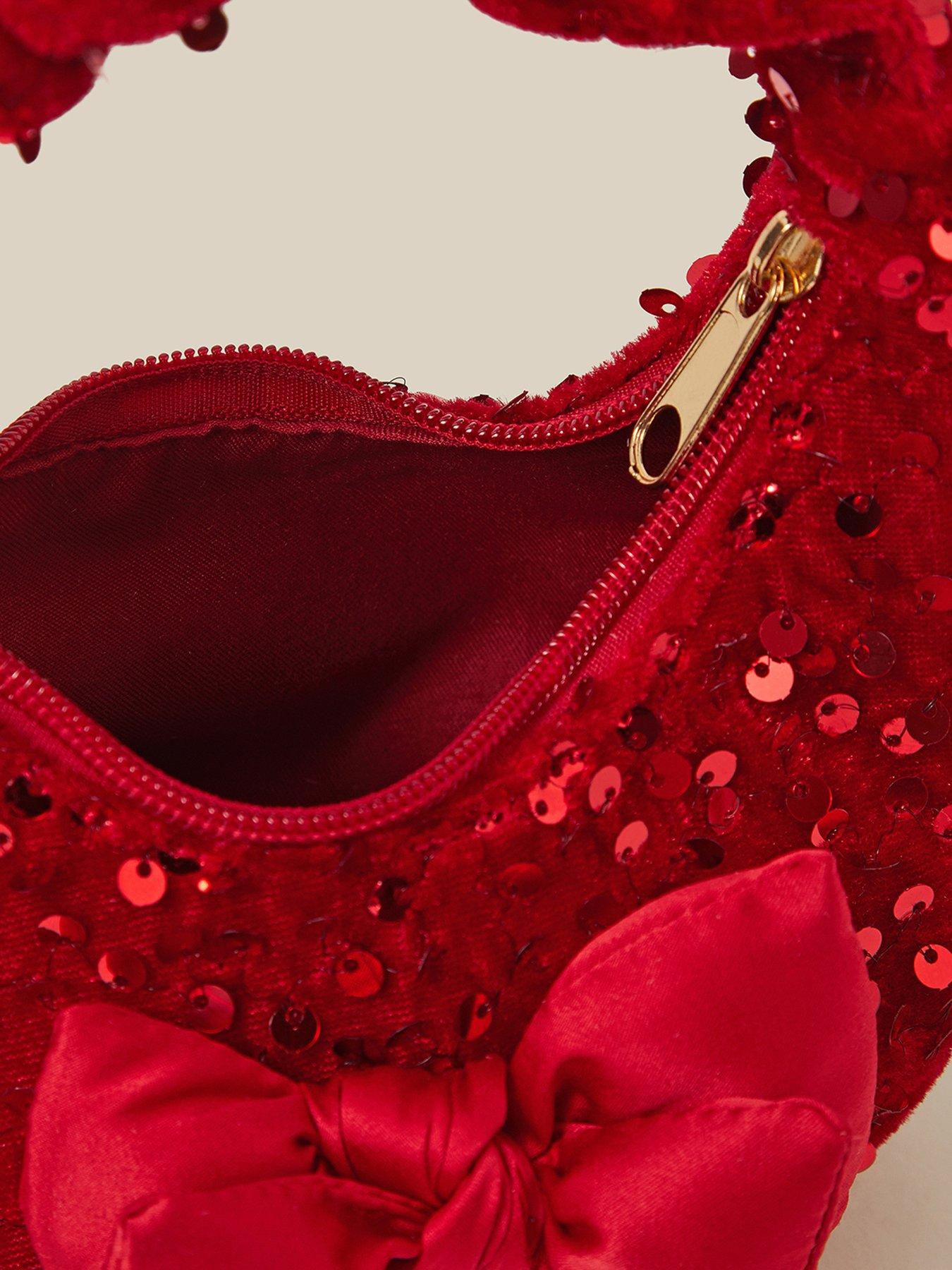 Image 3 of 4 of Monsoon Girls Sequin Velvet Bow Slouch Bag - Red