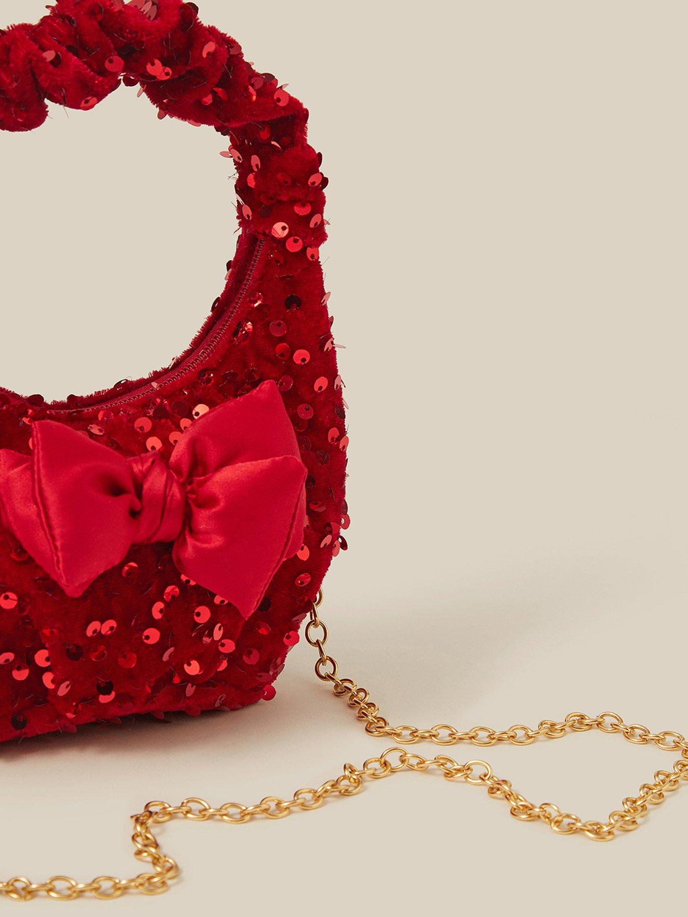Image 4 of 4 of Monsoon Girls Sequin Velvet Bow Slouch Bag - Red