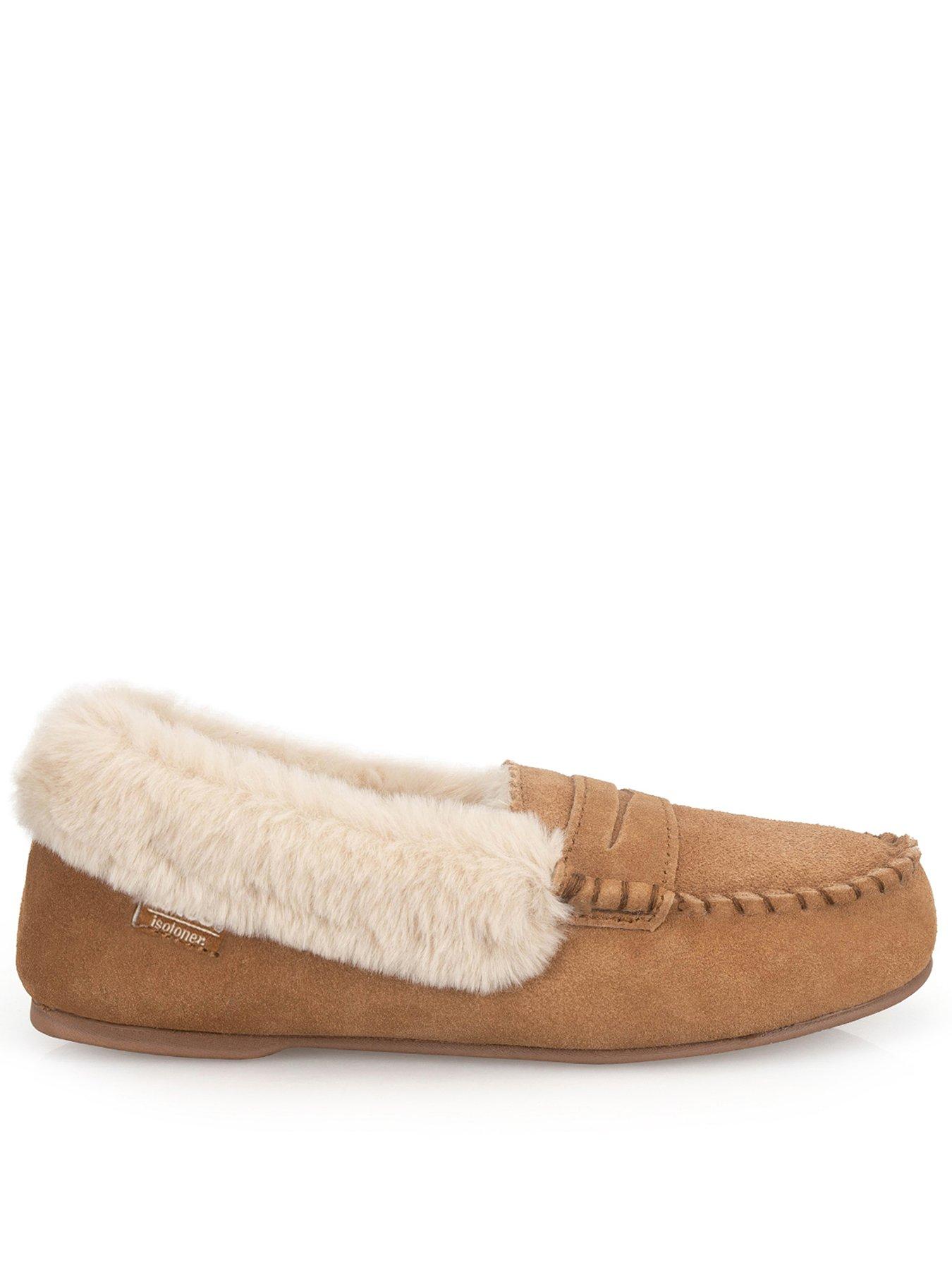Image 1 of 5 of Totes Isotoner Totes Isotoner Womens Suede Moccasin Slippers With Faux Fur Lining - Tan