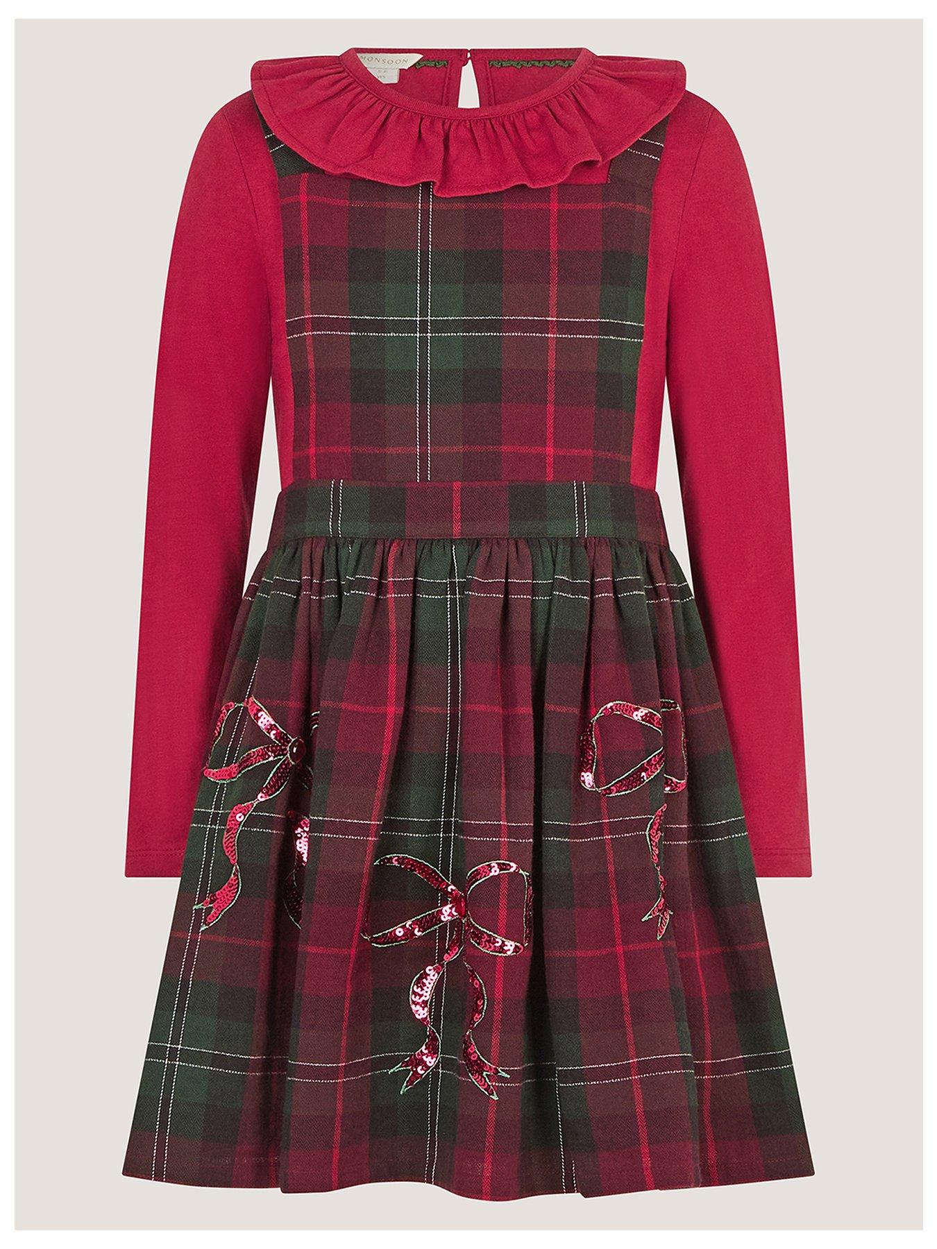Monsoon Girls Long Sleeve Tartan Pinafore Set - Dark Red