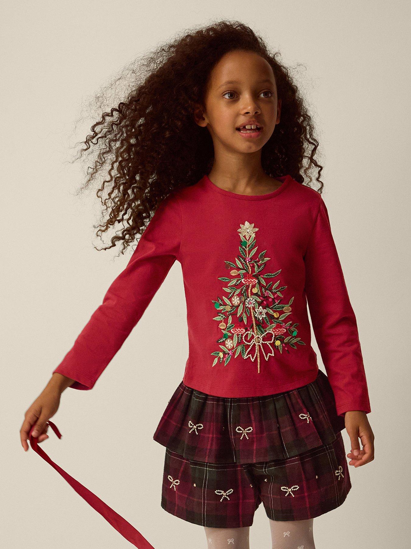 Monsoon Monsoon Girls Christmas Long Sleeve Tree Top & Skort - Red