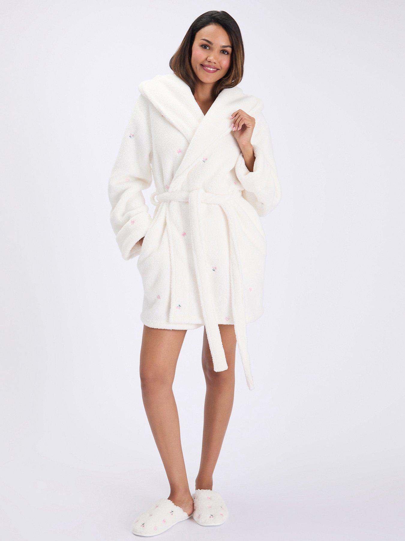 Image 1 of 5 of Boux Avenue Boux Avenue Borg Embroidered Short Gown - Ivory Mix