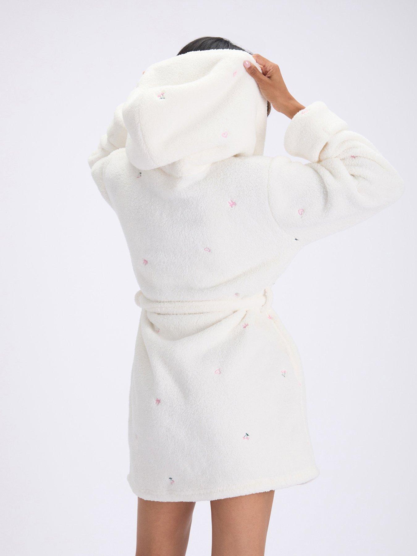 Image 2 of 5 of Boux Avenue Boux Avenue Borg Embroidered Short Gown - Ivory Mix