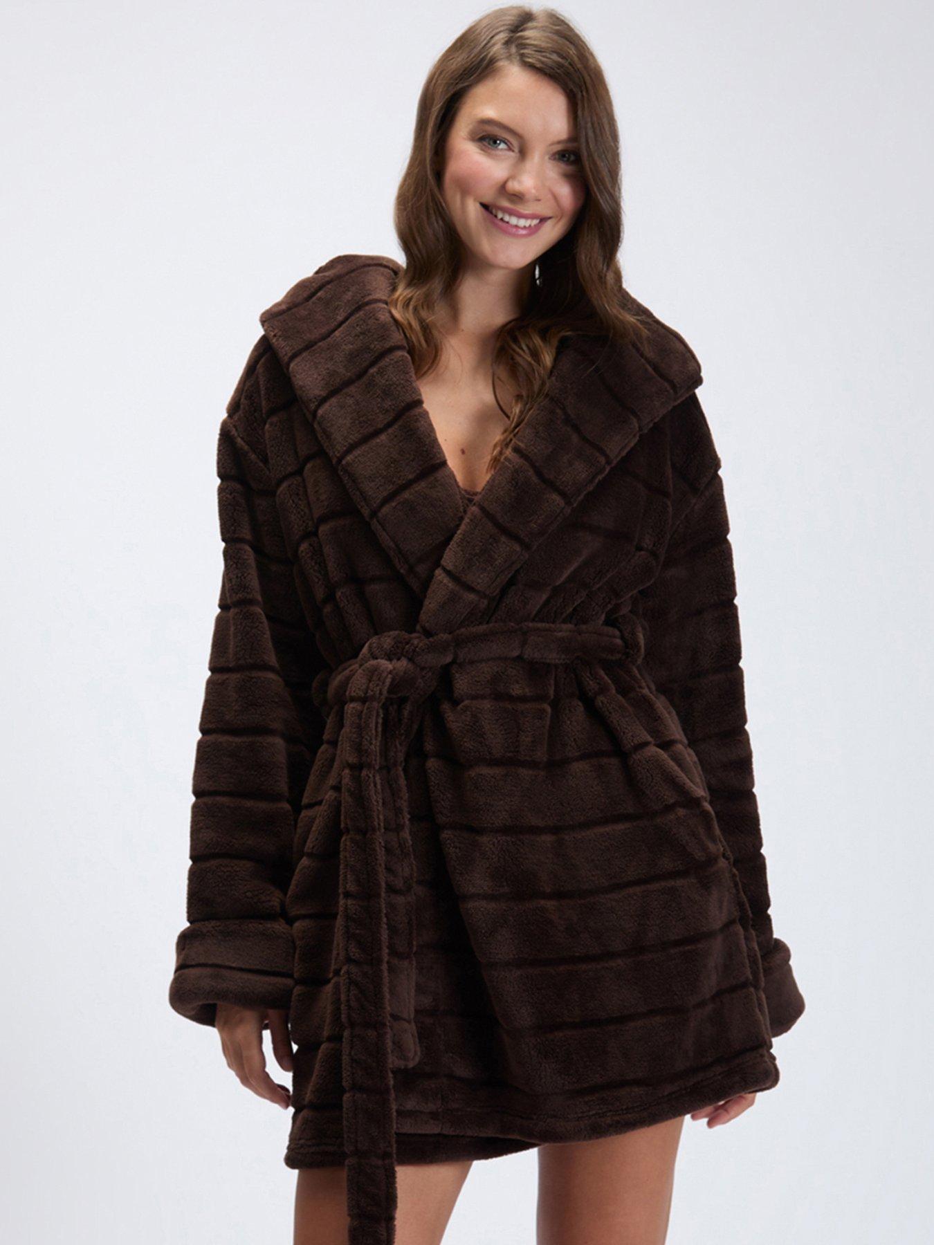 Image 1 of 7 of Boux Avenue Boux Avenue Fluffy Stripe Short Gown - Chocolate