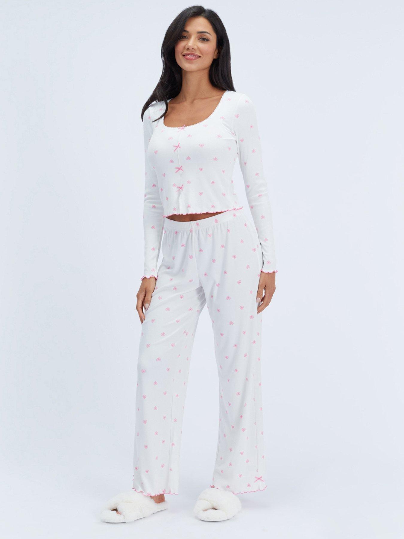 Image 1 of 6 of Boux Avenue Boux Avenue Heart Rib Bow Trim Pj Set - Ivory Mix