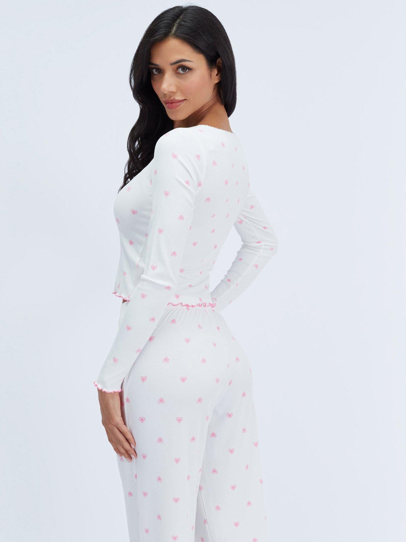 Image 2 of 6 of Boux Avenue Boux Avenue Heart Rib Bow Trim Pj Set - Ivory Mix