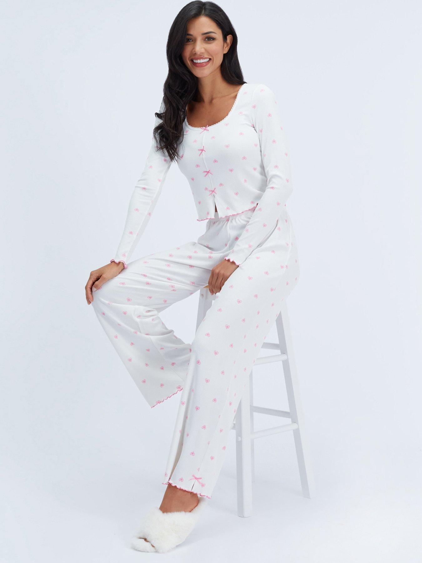Image 3 of 6 of Boux Avenue Boux Avenue Heart Rib Bow Trim Pj Set - Ivory Mix