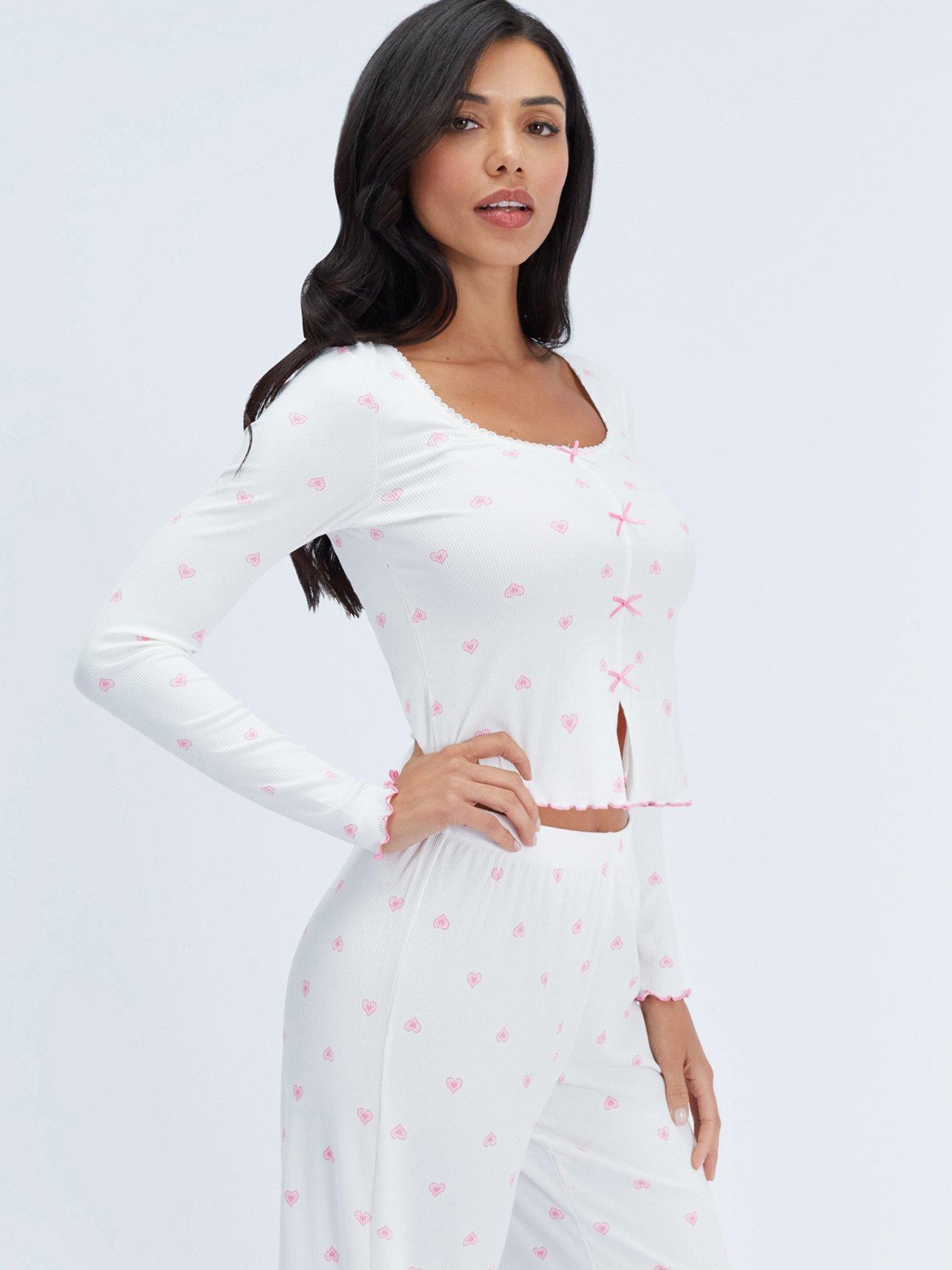Image 5 of 6 of Boux Avenue Boux Avenue Heart Rib Bow Trim Pj Set - Ivory Mix