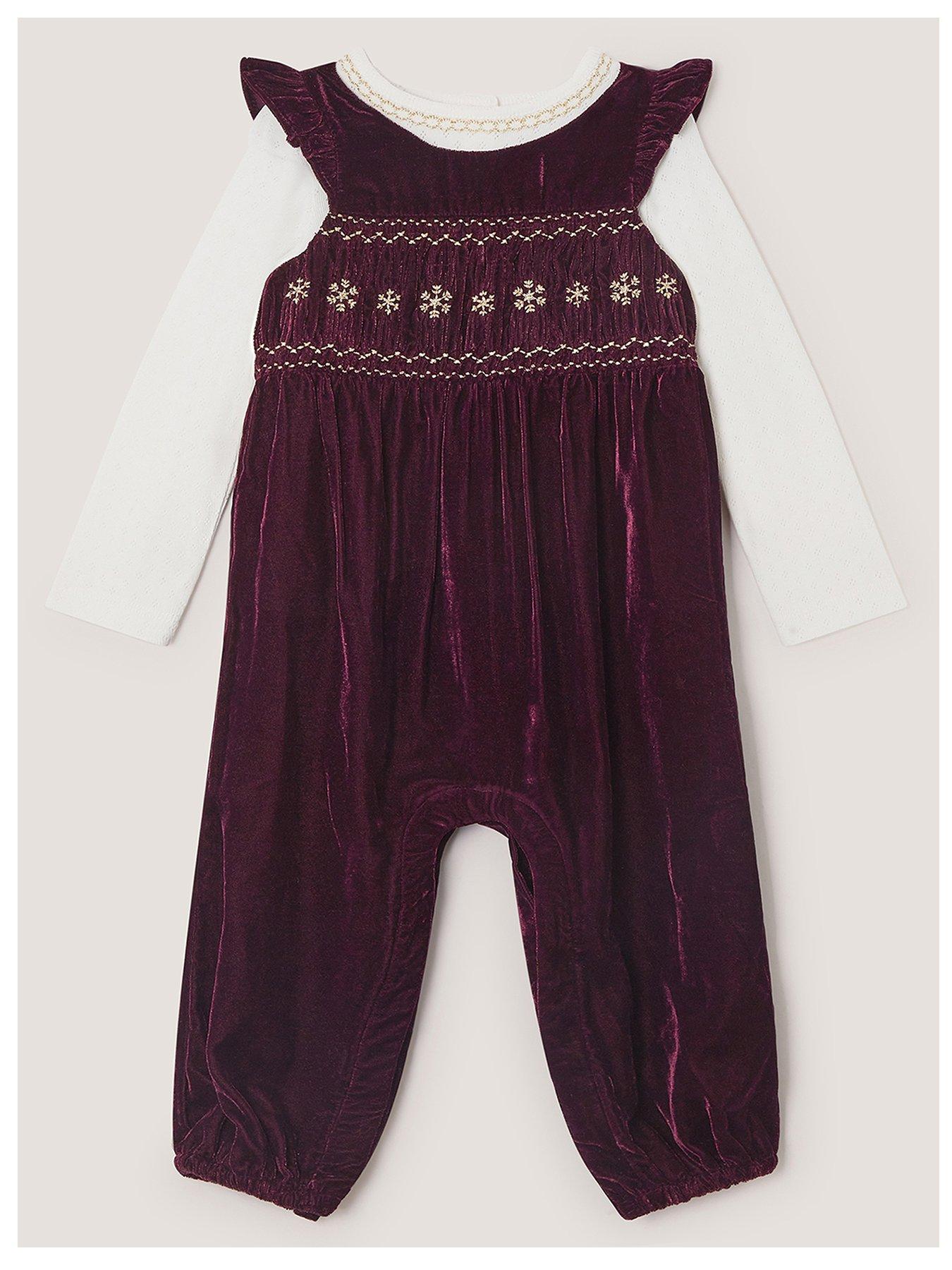 Image 1 of 3 of Monsoon Girls Smocked 2 Piece Dungaree &amp; T-Shirt Set - Red