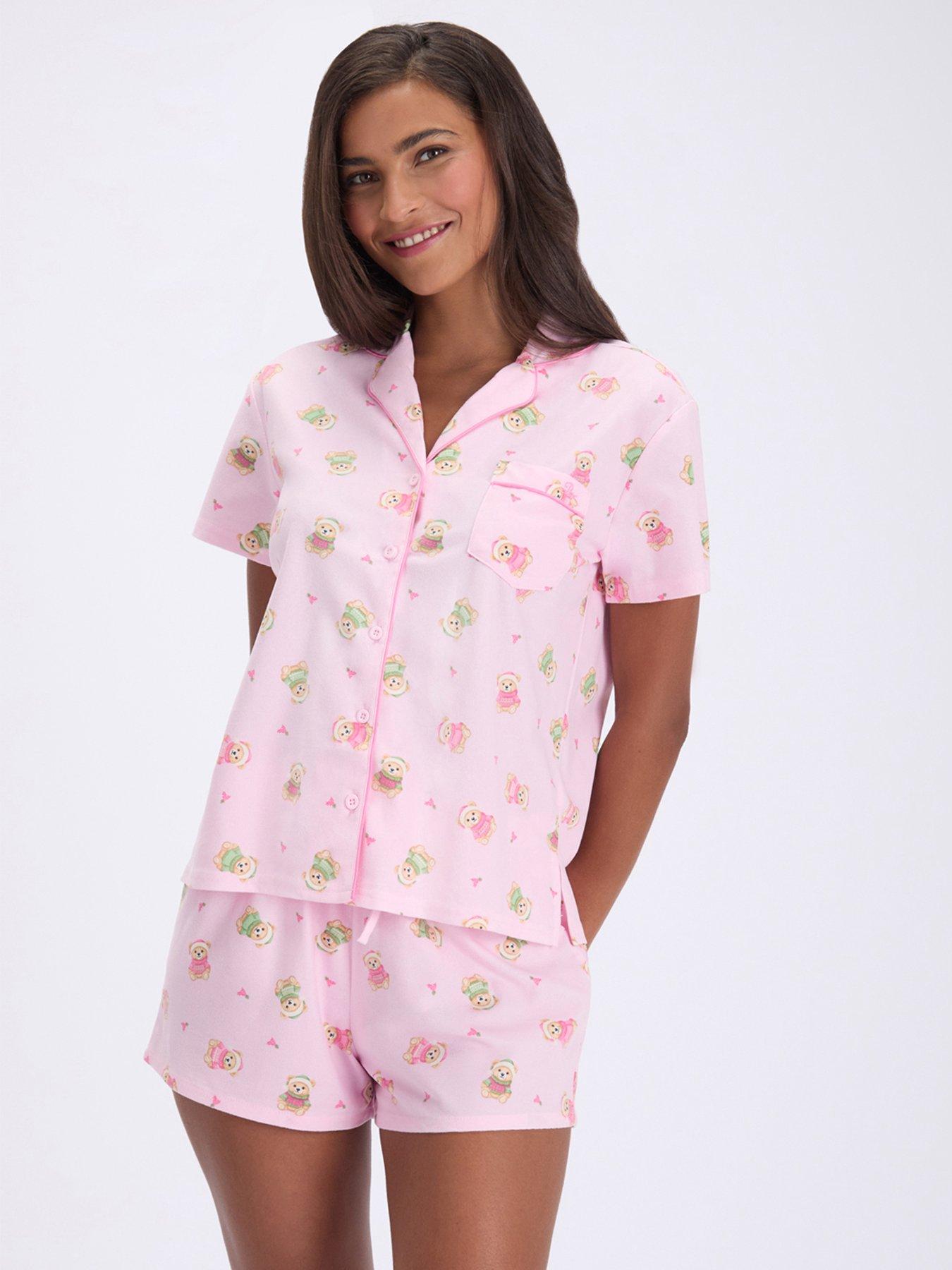Image 1 of 7 of Boux Avenue Womens Teddy Bear Button-Through Shortie Pyjama Set - Pink