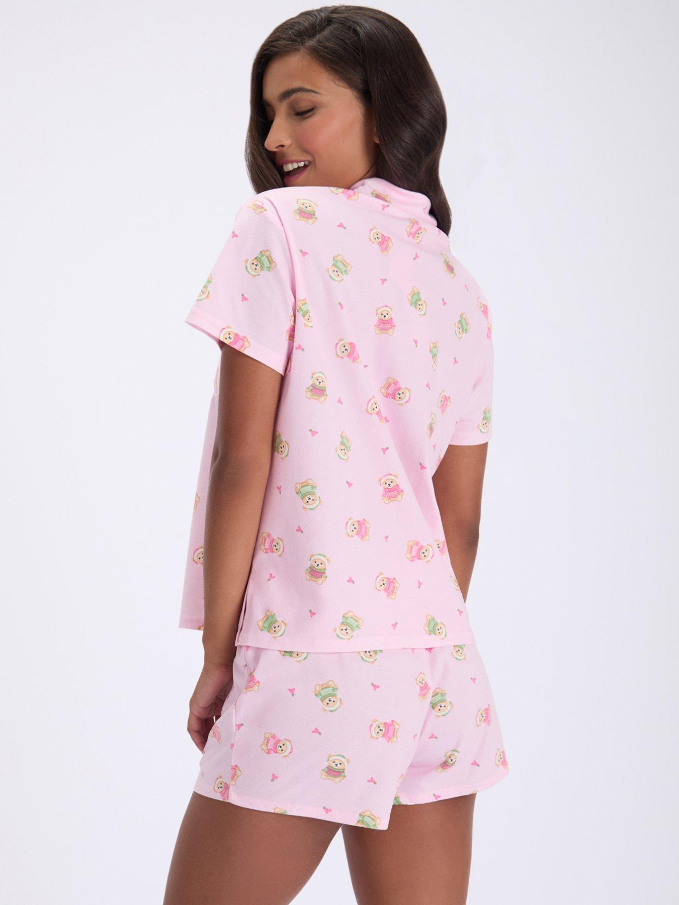 Image 2 of 7 of Boux Avenue Womens Teddy Bear Button-Through Shortie Pyjama Set - Pink