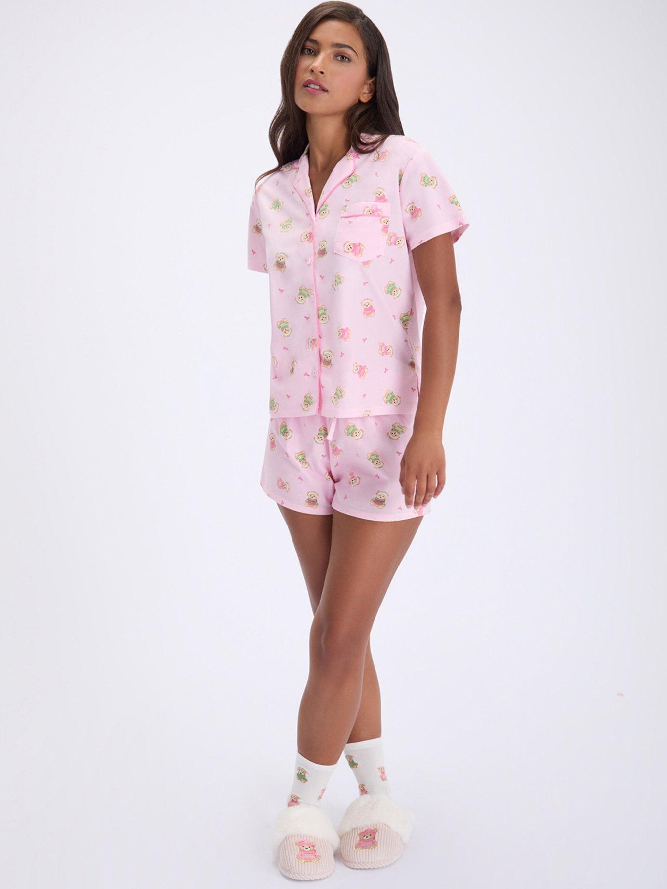 Image 3 of 7 of Boux Avenue Womens Teddy Bear Button-Through Shortie Pyjama Set - Pink