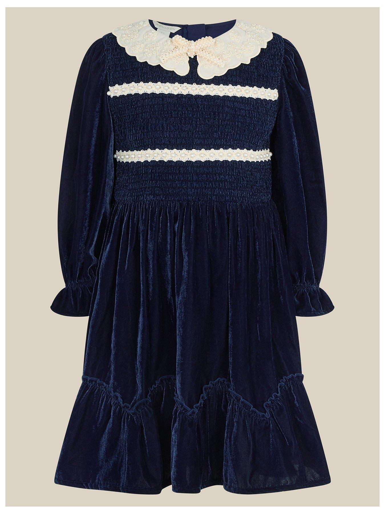 Image 1 of 3 of Monsoon Girls Smocked Velvet Collar Dress - Navy