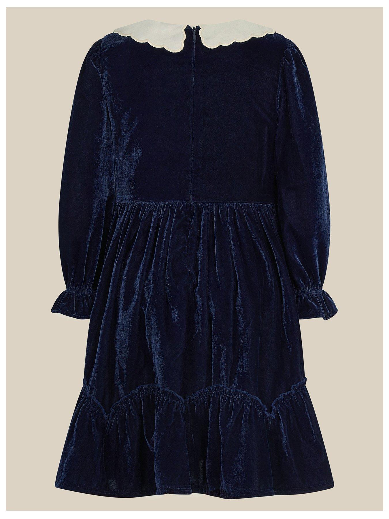 Image 2 of 3 of Monsoon Girls Smocked Velvet Collar Dress - Navy