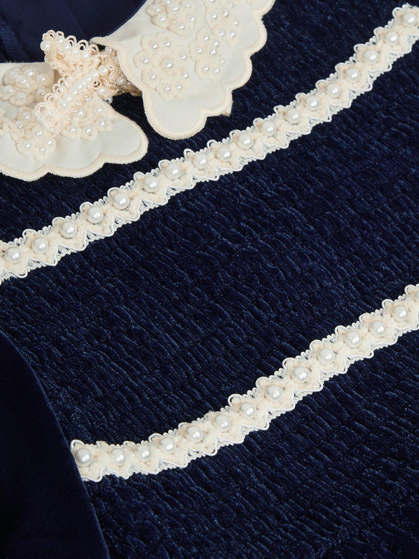 Image 3 of 3 of Monsoon Girls Smocked Velvet Collar Dress - Navy