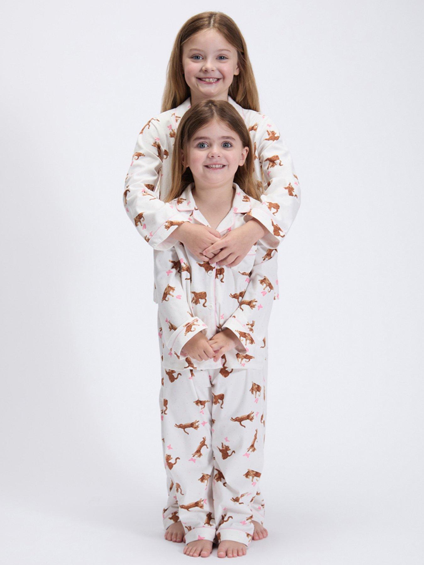 Image 1 of 6 of Boux Avenue Girls Cat Print Button-Through Pyjamas - White