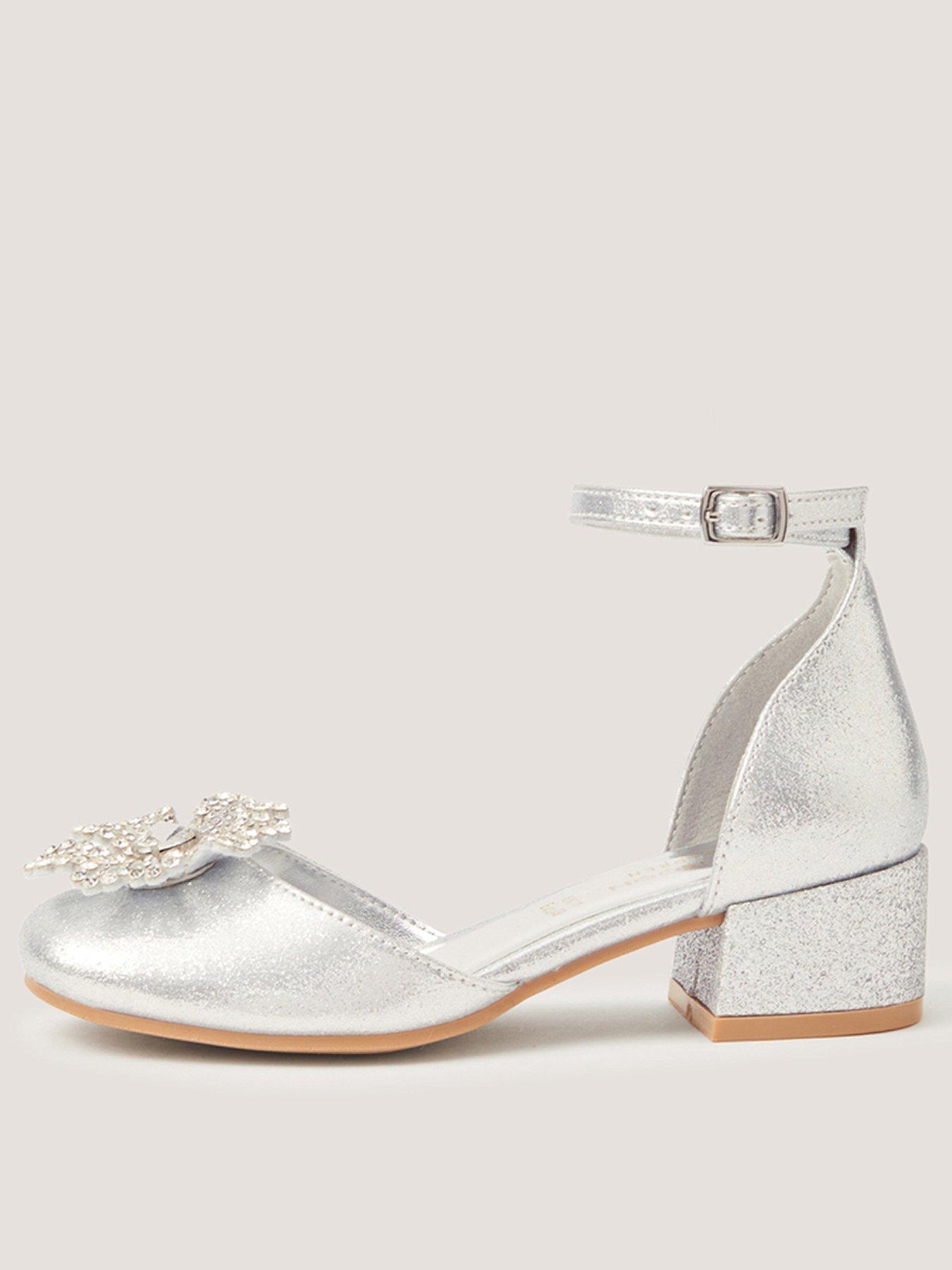 Image 1 of 3 of Monsoon Girls Diamante Flower Block Heel Shoes - Silver