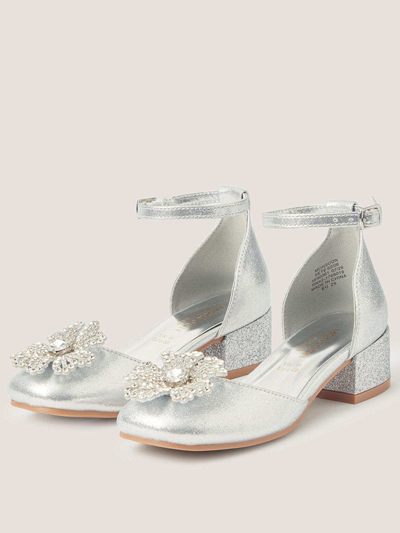 Image 2 of 3 of Monsoon Girls Diamante Flower Block Heel Shoes - Silver