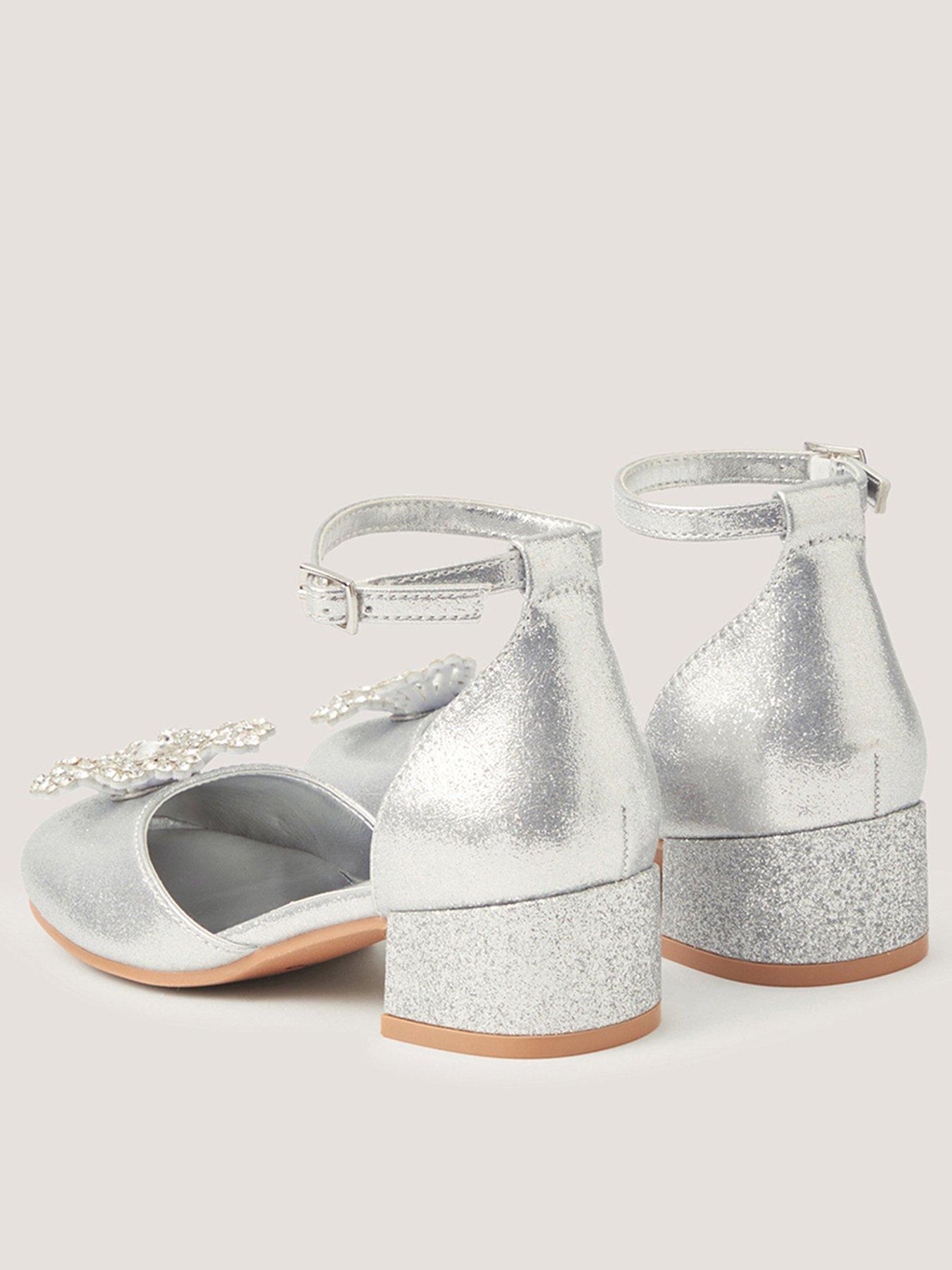 Image 3 of 3 of Monsoon Girls Diamante Flower Block Heel Shoes - Silver